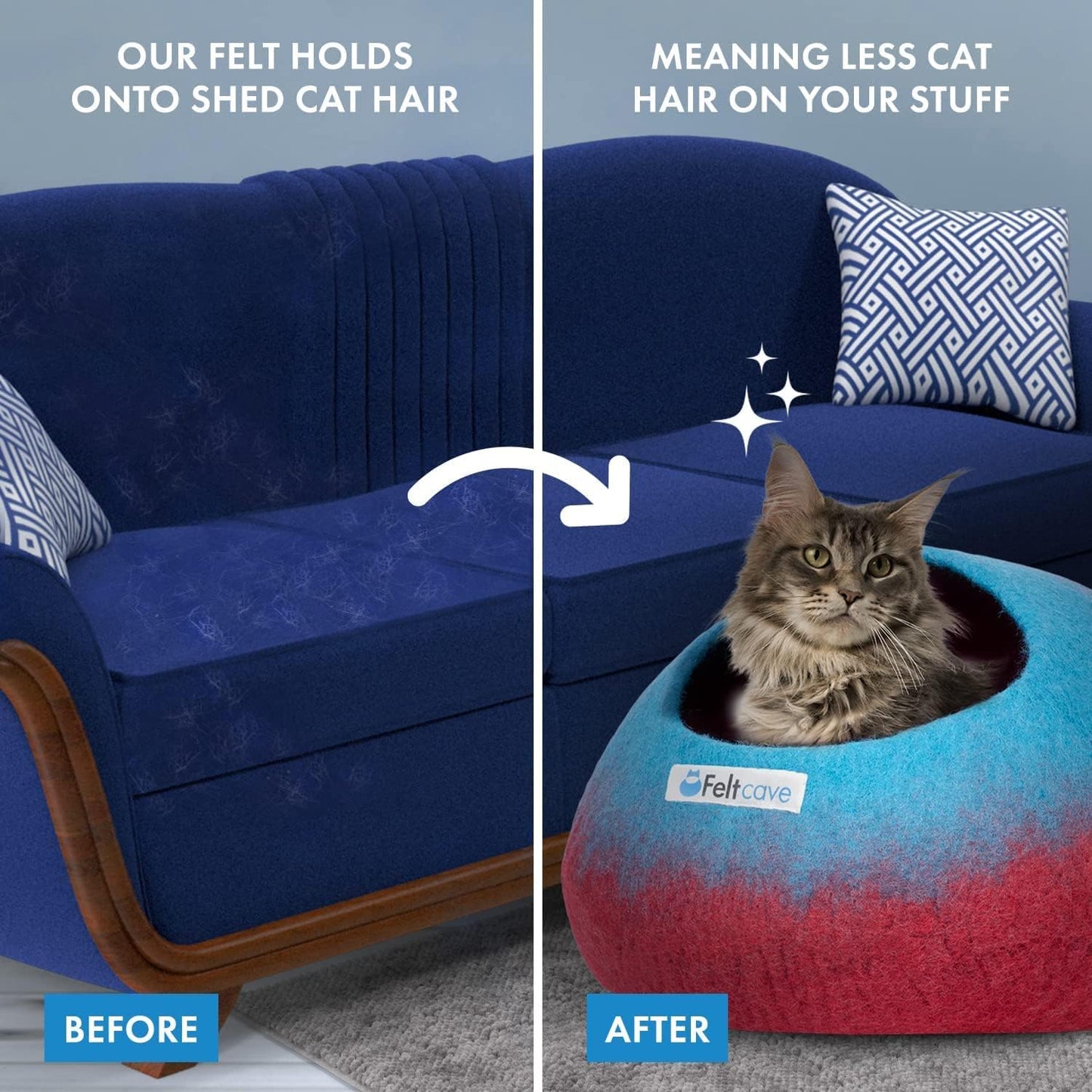 Large Cat Cave Bed | Maroon & Aqua | Cute and Cozy Cat Cave Handcrafted Merino Wool | Hideaway for Indoor Cats | Warming Nest for Kitty | Washable Wool Fabric - Gift for Pets