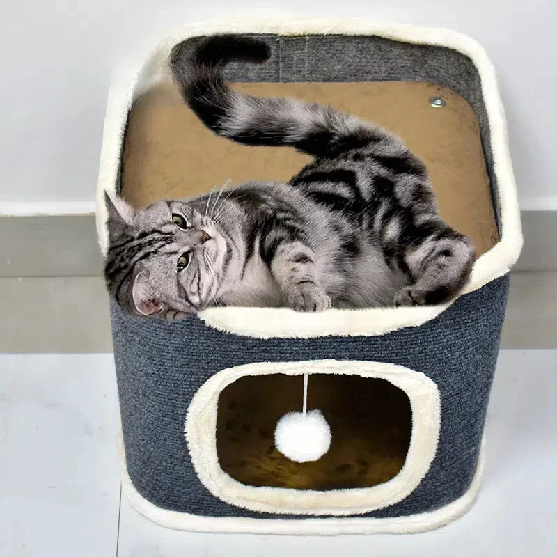 3-Tiers Cat Bed Pet House Covered Cave with Soft Mat Large Hideaway Cat Tent with Fluffy Ball Hanging