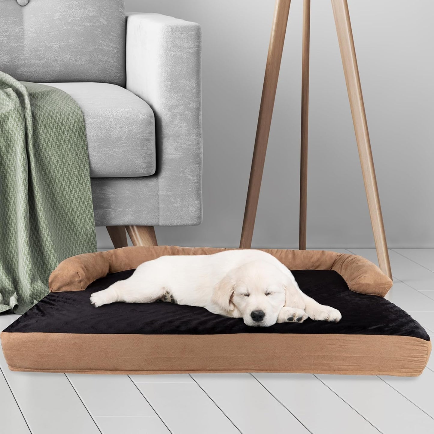 Sofa Dog Bed – 35.5X25.5 Pet Bed - 3-Layer Orthopedic Dog Couch with Cooling Gel, Memory Foam and Neck Bolster (Tan/Black), Large