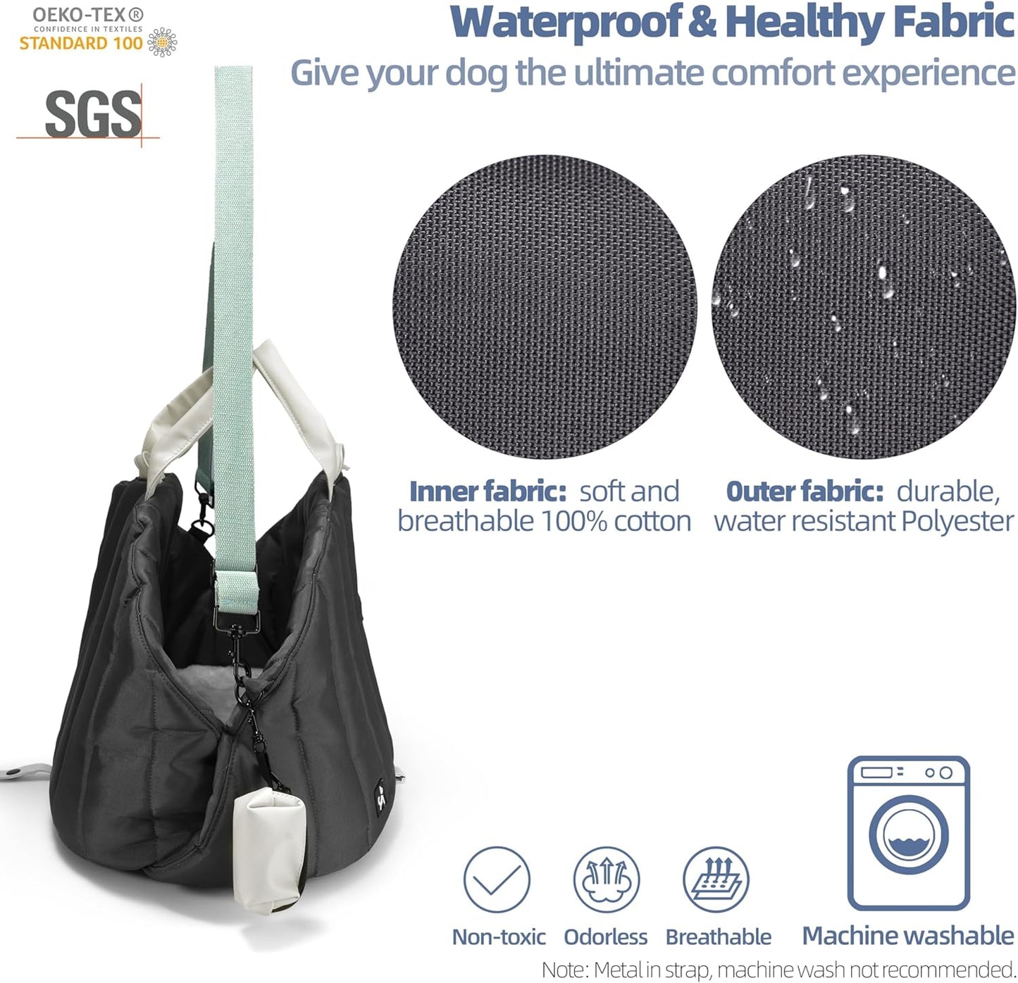 Dog Bag Carrier for Small and Medium Dogs, Waterproof and Washable, Travel Pets Purse up to 15 Lbs, Car Seat & Bed, Adjustable Leashes, Monet Grey