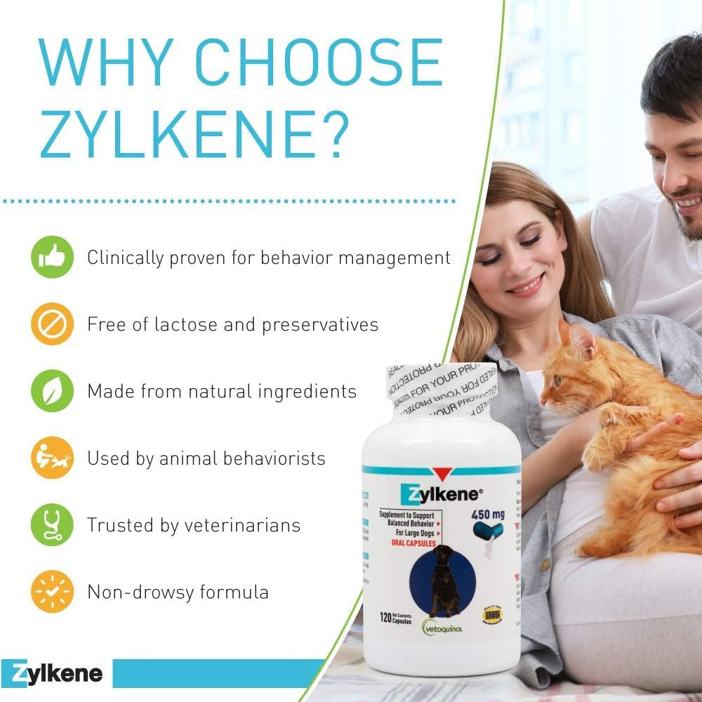 Zylkene Calming Support Supplement for Large Dogs 33-132Lbs, Helps Promote Relaxation and Reduce External Stress Factors, Daily Behavioral Support and Anxiety Relief for Dogs, 450Mg