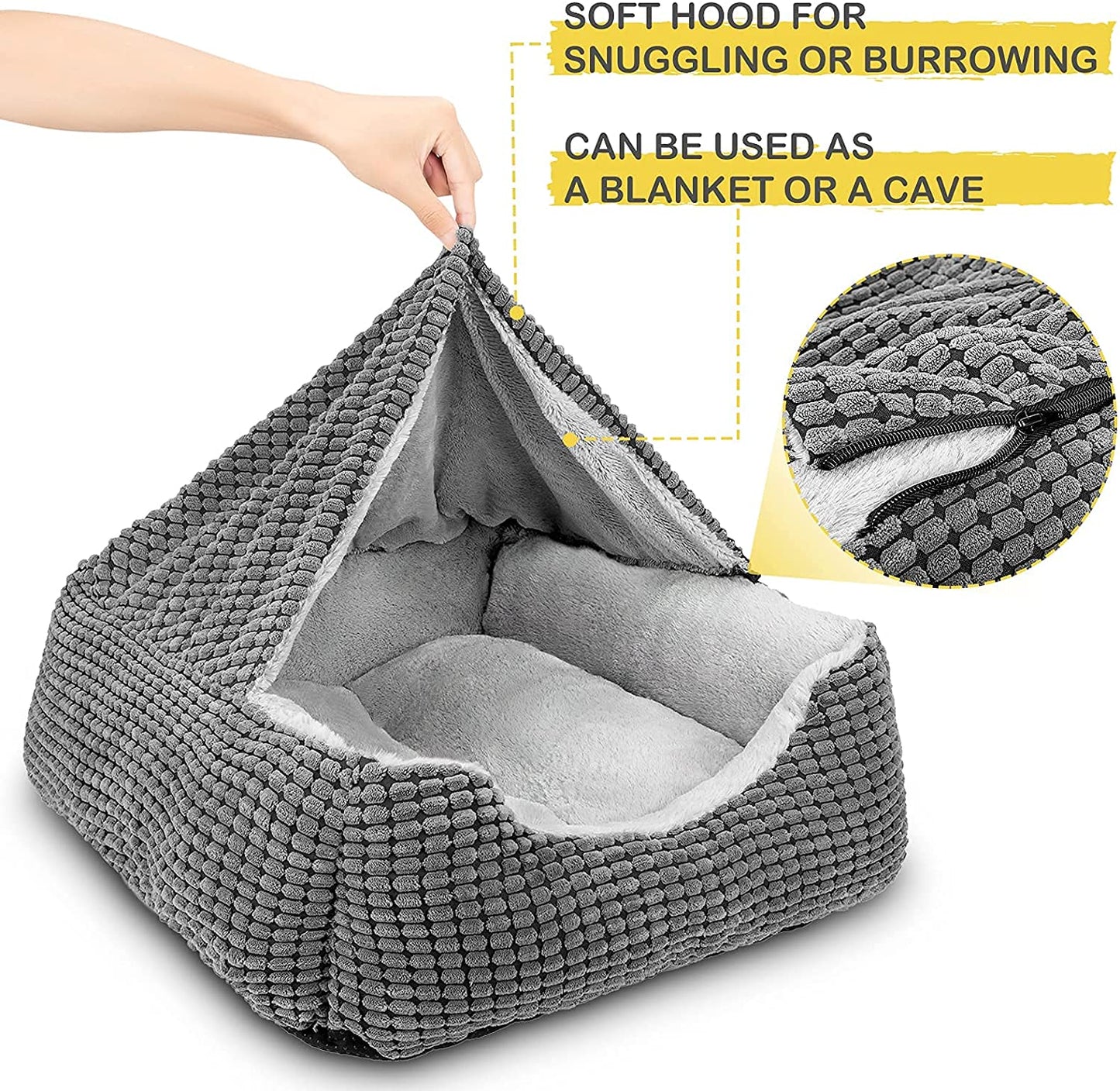 Dog Beds for Large Medium Small Dogs, Rectangle Cave Hooded Blanket Puppy Bed, Luxury Anti-Anxiety Orthopedic Cat Beds for Indoor Cats, Warmth and Machine Washable (20 Inches, Grey)