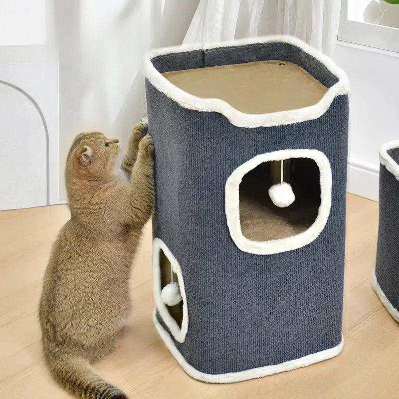 3-Tiers Cat Bed Pet House Covered Cave with Soft Mat Large Hideaway Cat Tent with Fluffy Ball Hanging