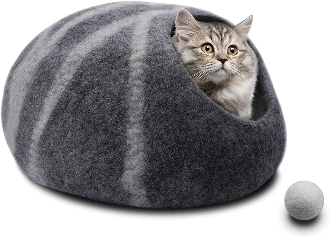 Wool Cat Cave Bed,Premium Felt Cat Covered Cave,Large Cat Nest Bed for Indoor Cats and Kittens,Cat House with Wool Ball,Handmade 100% Natural Eco-Friendly Merino Wool Cat Sleep Bed