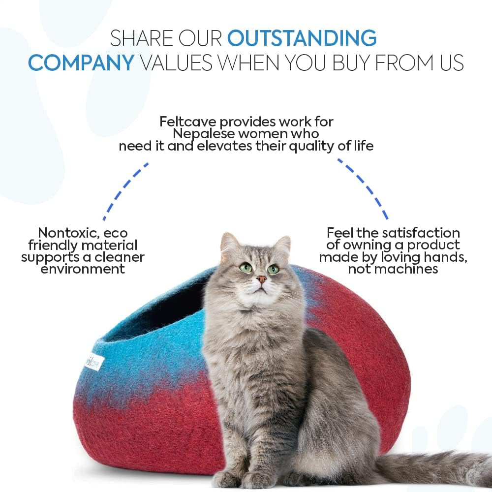 Large Cat Cave Bed | Maroon & Aqua | Cute and Cozy Cat Cave Handcrafted Merino Wool | Hideaway for Indoor Cats | Warming Nest for Kitty | Washable Wool Fabric - Gift for Pets