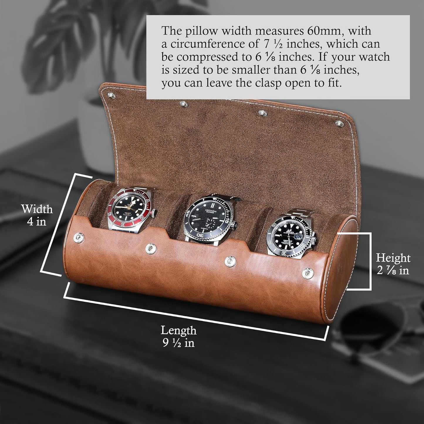 Watch Roll Travel Case for 3 Watches | Tough Portable Protection, Fits All Wrist Watch & Smart Watches up to 50Mm (Tan/Brown)