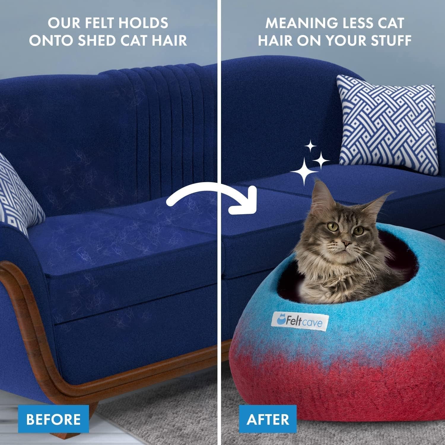 Large Cat Cave Bed | Maroon & Aqua | Cute and Cozy Cat Cave Handcrafted Merino Wool | Hideaway for Indoor Cats | Warming Nest for Kitty | Washable Wool Fabric - Gift for Pets