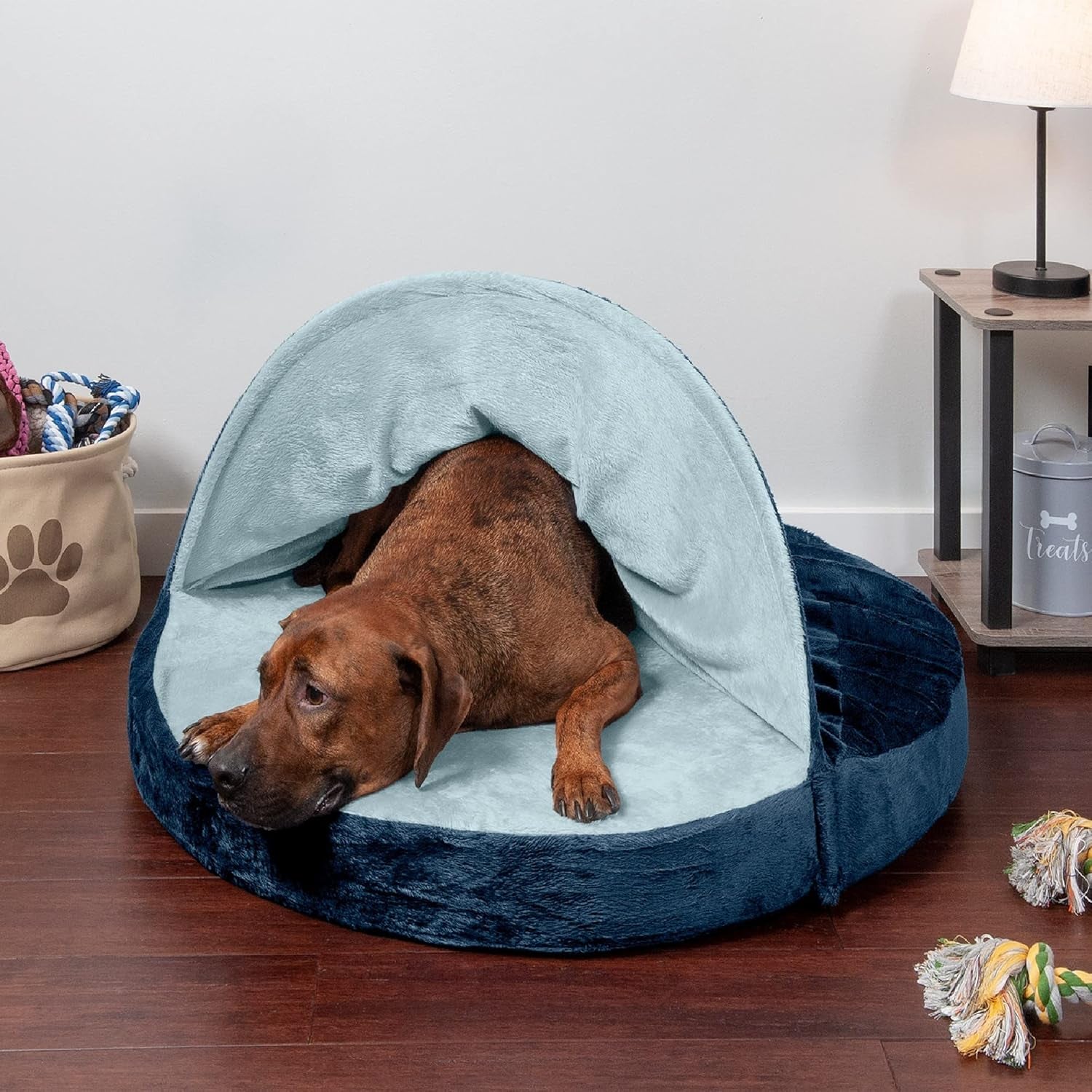35" round Memory Foam Dog Bed for Large/Medium Dogs W/ Removable Washable Cover, for Dogs up to 50 Lbs - Microvelvet Snuggery - Navy (Blue), 35-Inch