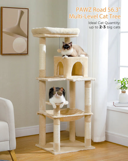Cat Tree 56" Sisal Scratching Posts Tower with Large Perch Hammock for All Indoor Cats,Upgrade Beige