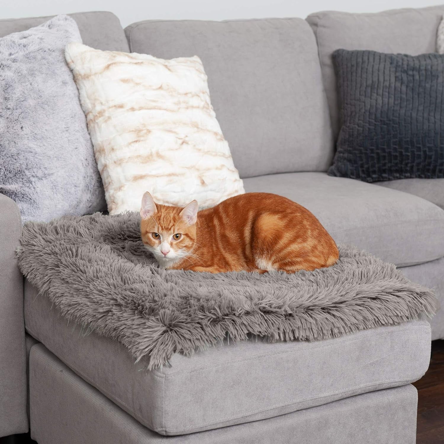 Self-Warming Cat Bed for Indoor Cats, 4-Beds-In-1 & Washable - Plush Long Faux Fur Convertible Cuddler - Gray, Small