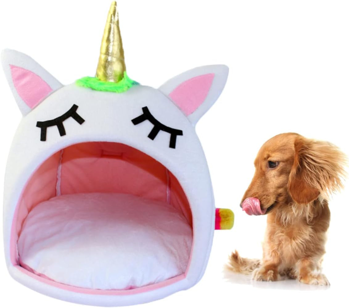 Winter Pet Sleep Bed Warm Unicorn Pet House Bed Pets Cuddle Cave Dog Bed for Medium Small Dogs Cat Rabbit (Size S)