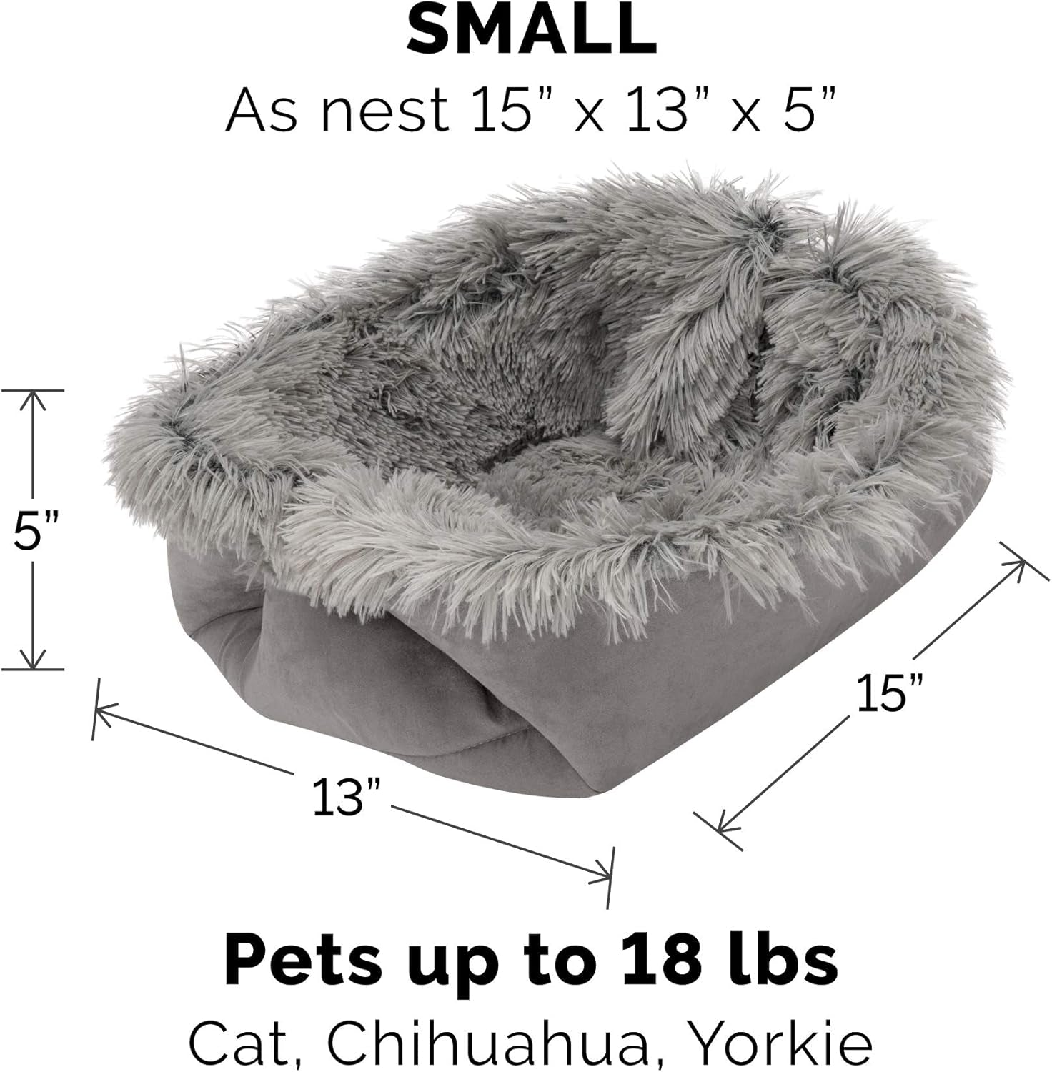 Self-Warming Cat Bed for Indoor Cats, 4-Beds-In-1 & Washable - Plush Long Faux Fur Convertible Cuddler - Gray, Small