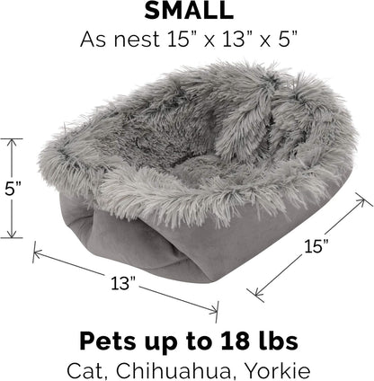 Self-Warming Cat Bed for Indoor Cats, 4-Beds-In-1 & Washable - Plush Long Faux Fur Convertible Cuddler - Gray, Small