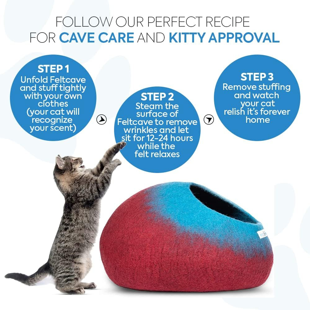 Large Cat Cave Bed | Maroon & Aqua | Cute and Cozy Cat Cave Handcrafted Merino Wool | Hideaway for Indoor Cats | Warming Nest for Kitty | Washable Wool Fabric - Gift for Pets