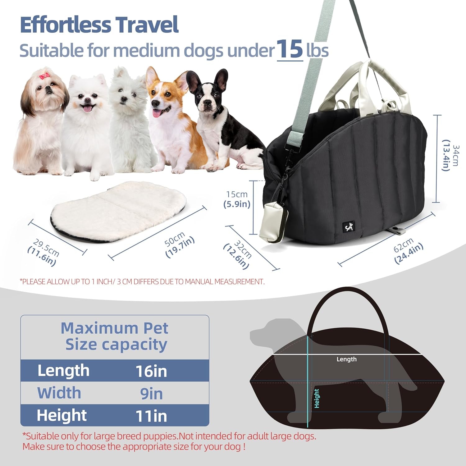 Dog Bag Carrier for Small and Medium Dogs, Waterproof and Washable, Travel Pets Purse up to 15 Lbs, Car Seat & Bed, Adjustable Leashes, Monet Grey