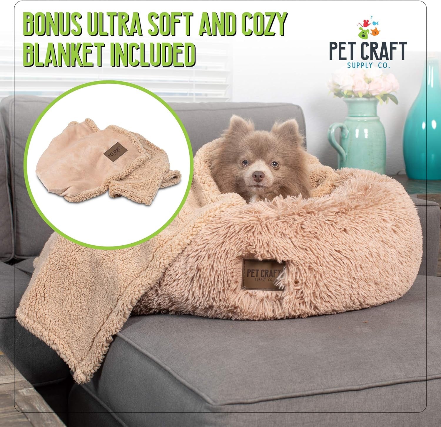 Ultra Plush Calming Anti-Anxiety Pet Bed - Includes Super Soft Comfort Blanket - Great Medium Dog, Puppy and Cat Bed