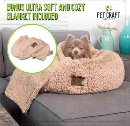 Ultra Plush Calming Anti-Anxiety Pet Bed - Includes Super Soft Comfort Blanket - Great Medium Dog, Puppy and Cat Bed
