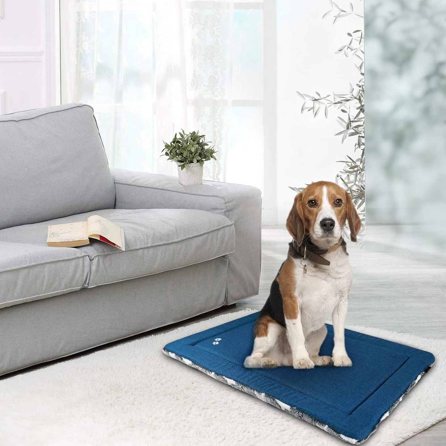 Fancy Crate Pad Bed Mat Reversible (Cool & Warm), Machine Washable, for Small to Xxx-Large Dogs, Grey, Navy, Star Pattern