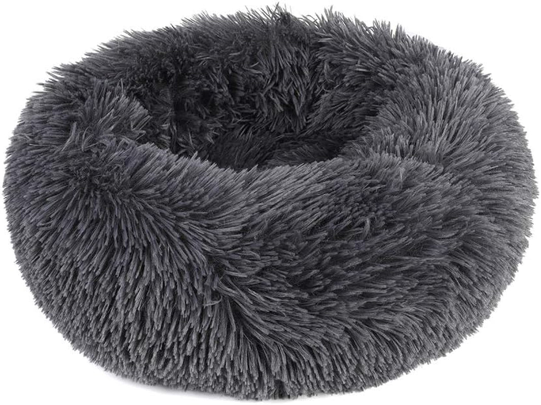 round Donut Dog Bed for Small Dogs, Washable Cat Calming Bed Cuddler anti Anxiety Fluffy Plush Dog Cat Bed with Non-Slip Waterproof Bottom (23.6", Dark Grey)