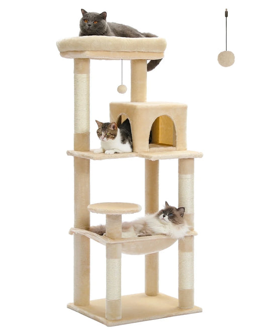 Cat Tree 56" Sisal Scratching Posts Tower with Large Perch Hammock for All Indoor Cats,Upgrade Beige