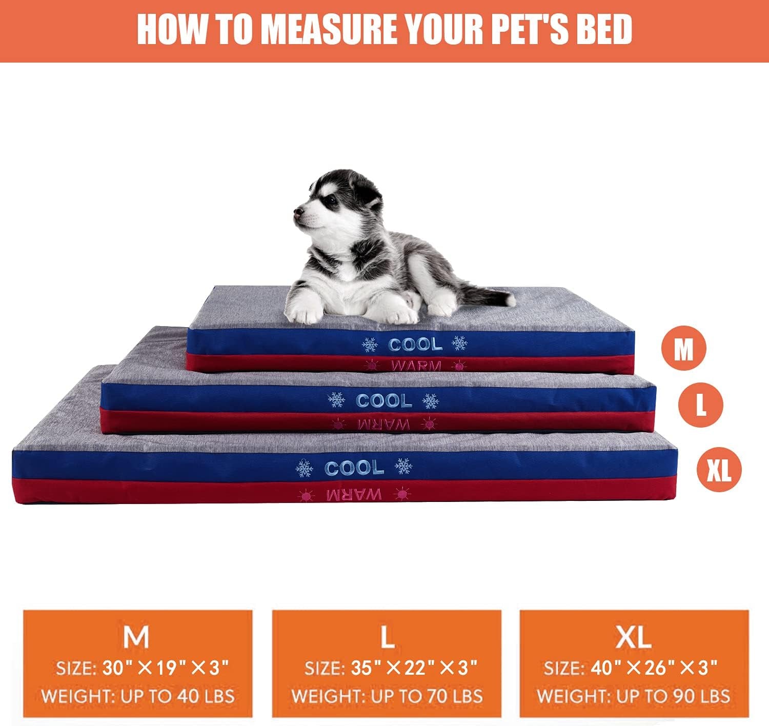 Dog Bed, Waterproof,Warm & Cool Sides, Massage Function with 3 Inches Egg Crate Foam,With Removable Washable Cover,Firm Support Pet Bed Mat,30×19×3 Inches