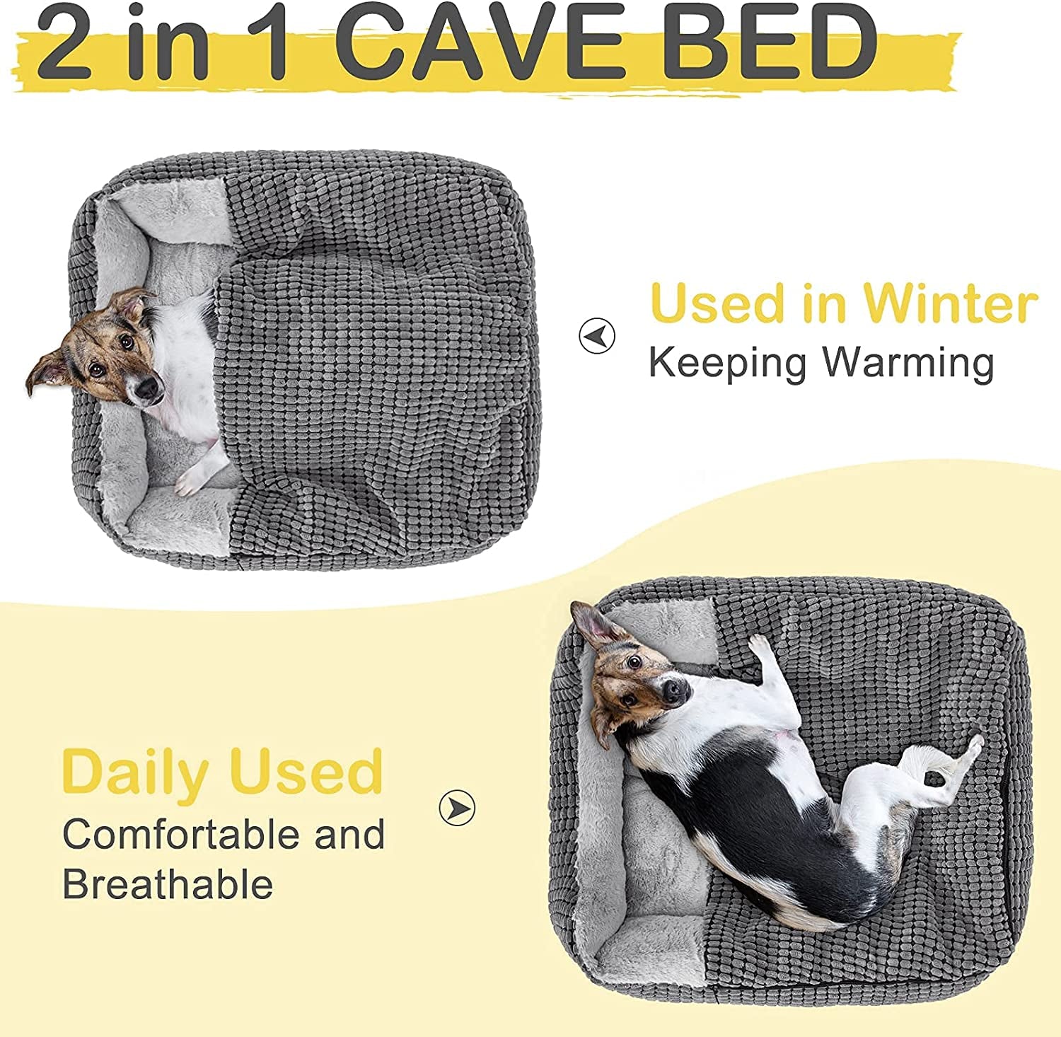 Dog Beds for Large Medium Small Dogs, Rectangle Cave Hooded Blanket Puppy Bed, Luxury Anti-Anxiety Orthopedic Cat Beds for Indoor Cats, Warmth and Machine Washable (20 Inches, Grey)