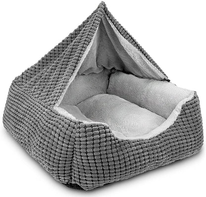 Dog Beds for Large Medium Small Dogs, Rectangle Cave Hooded Blanket Puppy Bed, Luxury Anti-Anxiety Orthopedic Cat Beds for Indoor Cats, Warmth and Machine Washable (20 Inches, Grey)