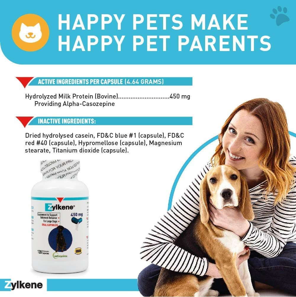 Zylkene Calming Support Supplement for Large Dogs 33-132Lbs, Helps Promote Relaxation and Reduce External Stress Factors, Daily Behavioral Support and Anxiety Relief for Dogs, 450Mg