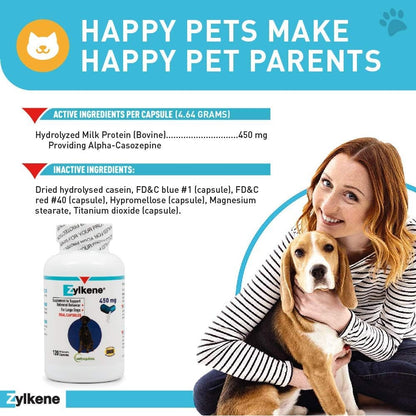 Zylkene Calming Support Supplement for Large Dogs 33-132Lbs, Helps Promote Relaxation and Reduce External Stress Factors, Daily Behavioral Support and Anxiety Relief for Dogs, 450Mg