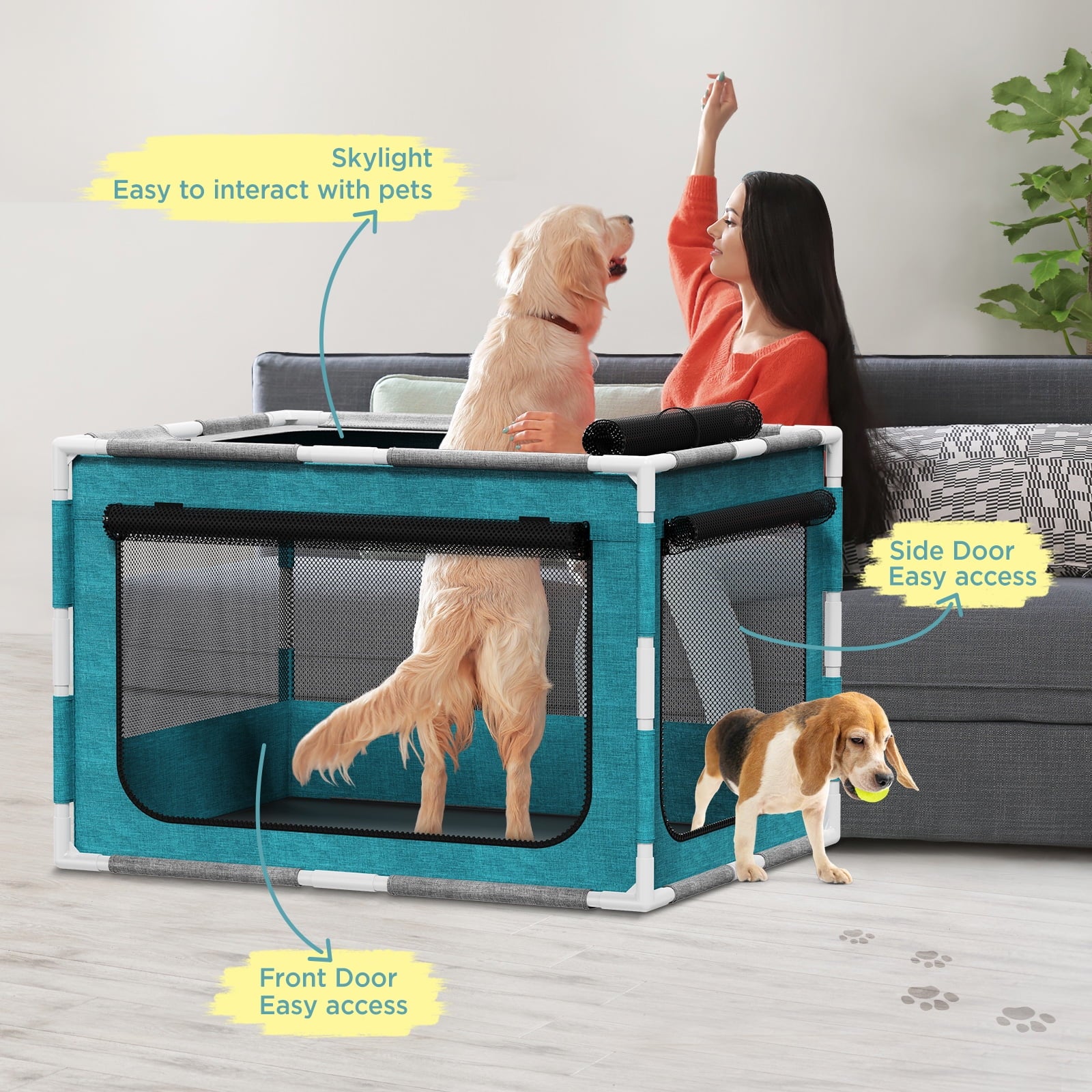Dog Playpen Sturdy with Gate,34 In-Pet Kennel Crate Indoor for Puppies Cat Small Dogs,Dog Fence Pet Playpen Outdoor with Safety PVC Frame
