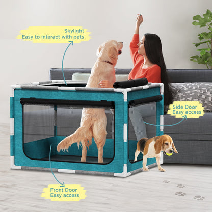 Dog Playpen Sturdy with Gate,34 In-Pet Kennel Crate Indoor for Puppies Cat Small Dogs,Dog Fence Pet Playpen Outdoor with Safety PVC Frame