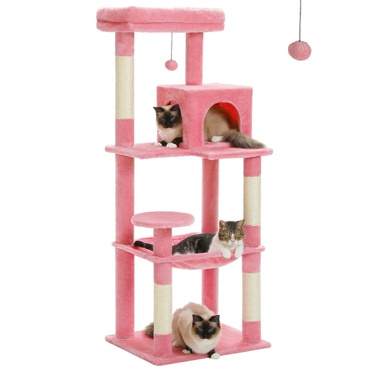 Cat Tree 56" Sisal Scratching Posts Tower with Large Perch Hammock for All Indoor Cats,Pink