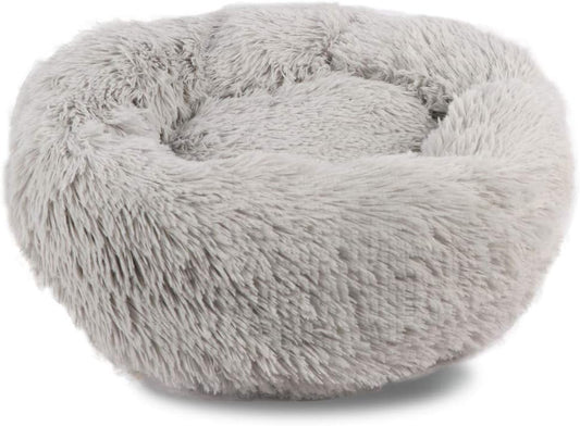 Long Plush Comfy Calming & Self-Warming Bed for Dog & Cat, anti Anxiety, Furry, Soothing, Fluffy, Washable Ped Bed (Large, Gray)