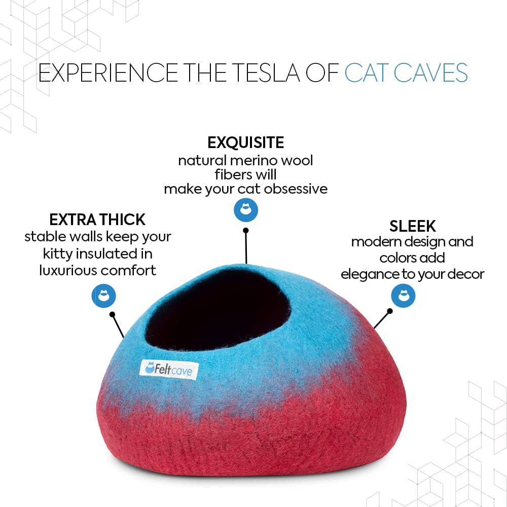 Large Cat Cave Bed | Maroon & Aqua | Cute and Cozy Cat Cave Handcrafted Merino Wool | Hideaway for Indoor Cats | Warming Nest for Kitty | Washable Wool Fabric - Gift for Pets
