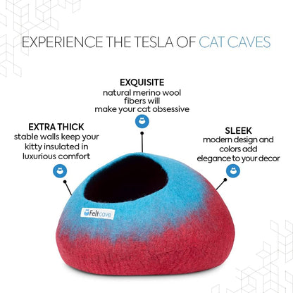 Large Cat Cave Bed | Maroon & Aqua | Cute and Cozy Cat Cave Handcrafted Merino Wool | Hideaway for Indoor Cats | Warming Nest for Kitty | Washable Wool Fabric - Gift for Pets