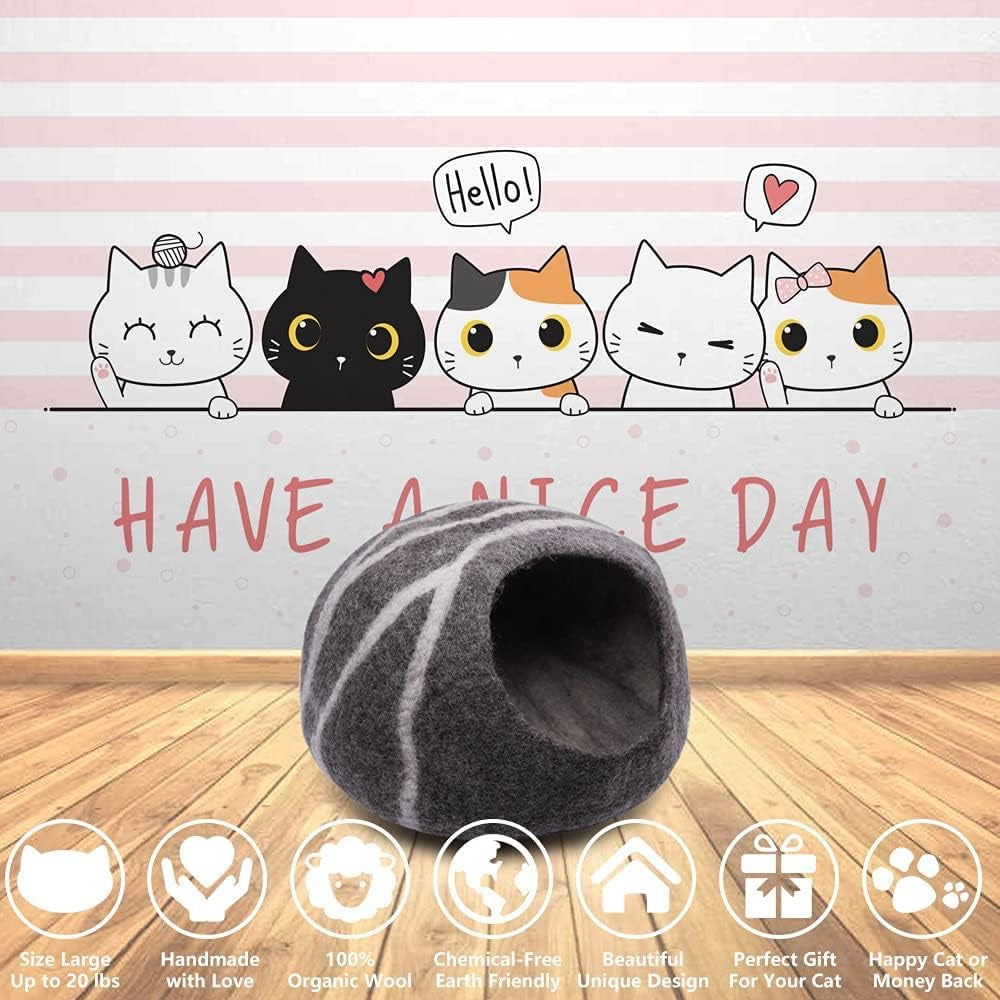 Wool Cat Cave Bed，Premium Felt Cat Covered Cave，Large Cat Nest Bed for Indoor Cats and Kittens,Cat House with Wool Ball,Handmade 100% Natural Eco-Friendly Merino Wool Cat Sleep Bed