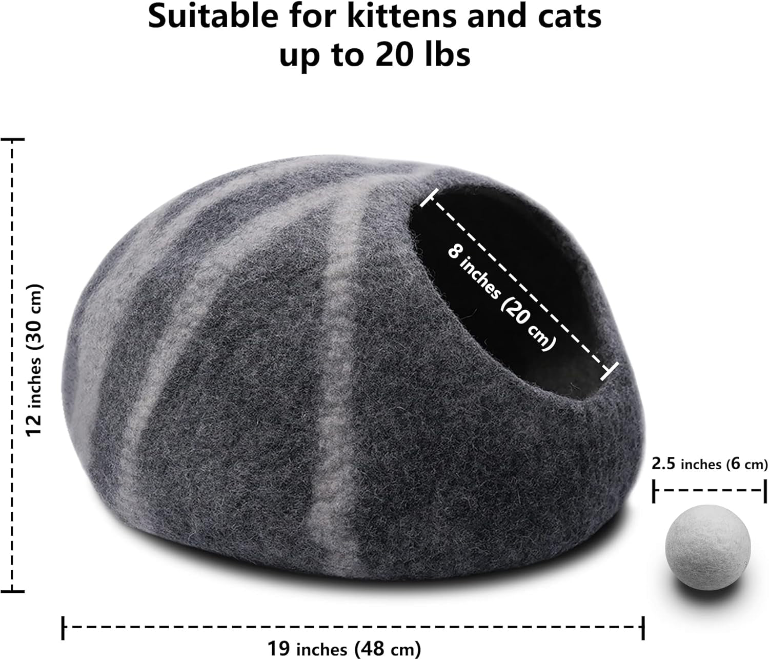 Wool Cat Cave Bed，Premium Felt Cat Covered Cave，Large Cat Nest Bed for Indoor Cats and Kittens,Cat House with Wool Ball,Handmade 100% Natural Eco-Friendly Merino Wool Cat Sleep Bed
