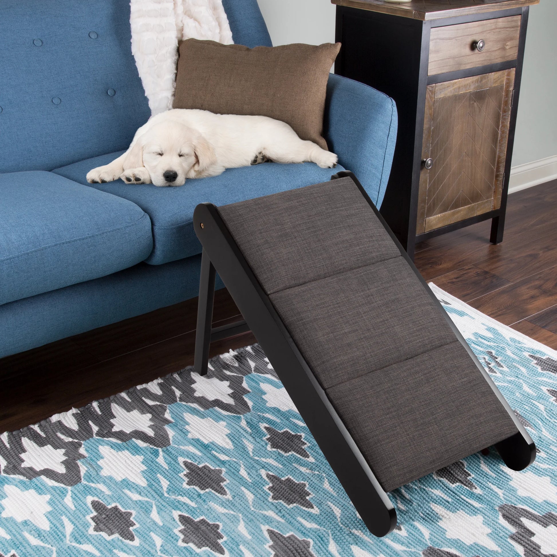 Foldable Wooden Pet Ramp for Bed, Couch, or Vehicle (Black/Gray)