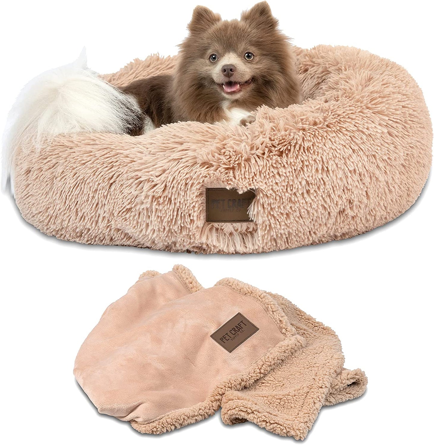Ultra Plush Calming Anti-Anxiety Pet Bed - Includes Super Soft Comfort Blanket - Great Medium Dog, Puppy and Cat Bed