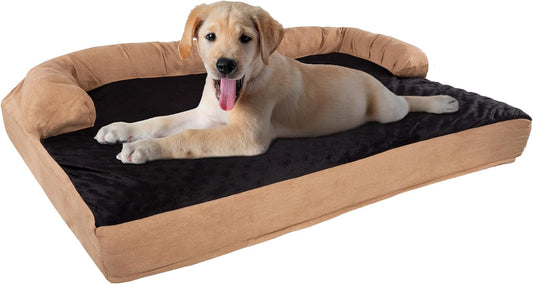 Sofa Dog Bed – 35.5X25.5 Pet Bed - 3-Layer Orthopedic Dog Couch with Cooling Gel, Memory Foam and Neck Bolster (Tan/Black), Large