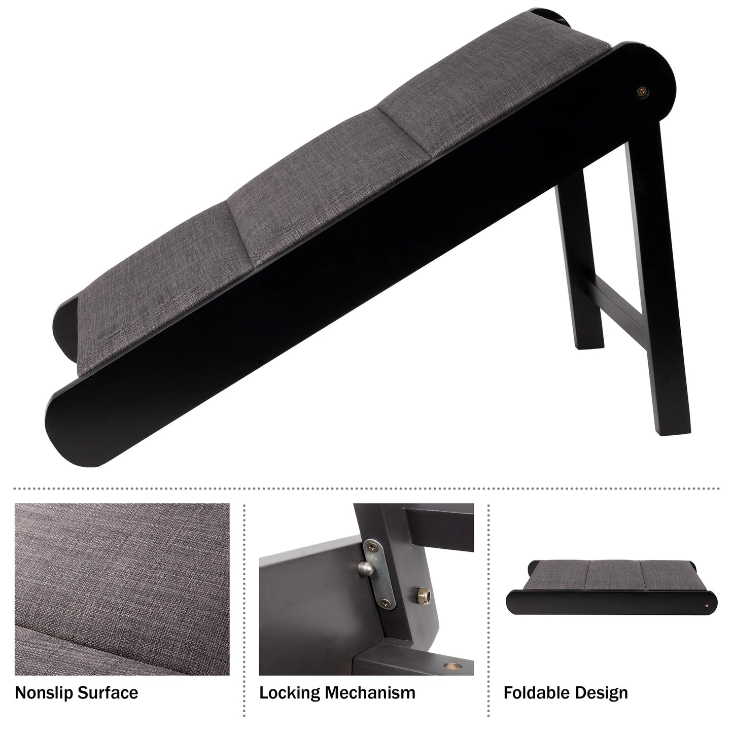Foldable Wooden Pet Ramp for Bed, Couch, or Vehicle (Black/Gray)