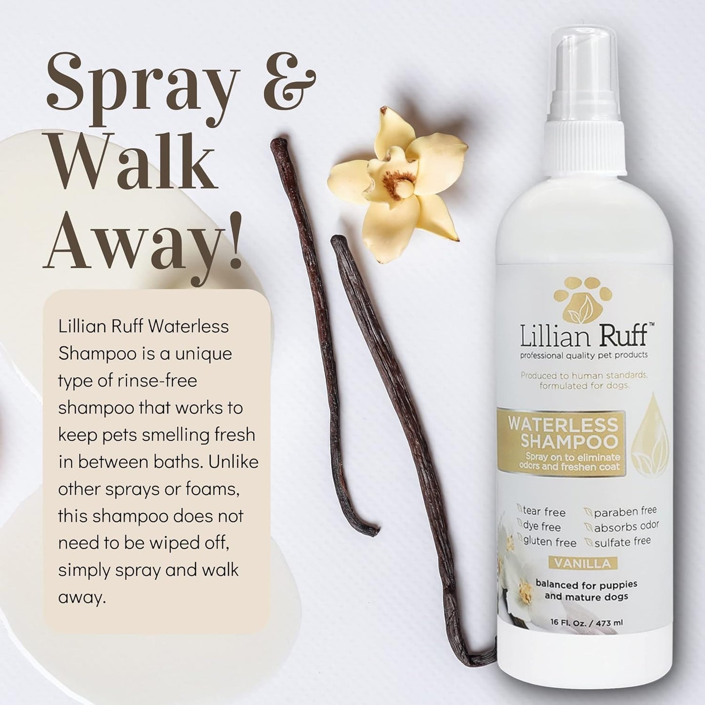 Waterless No-Rinse Dog Dry Shampoo Spray with Hydrating Essential Oils - Ph-Balanced Dry Shampoo for Dogs - Clean, Condition, Detangle & Deodorize Dry, Sensitive Skin (Vanilla)