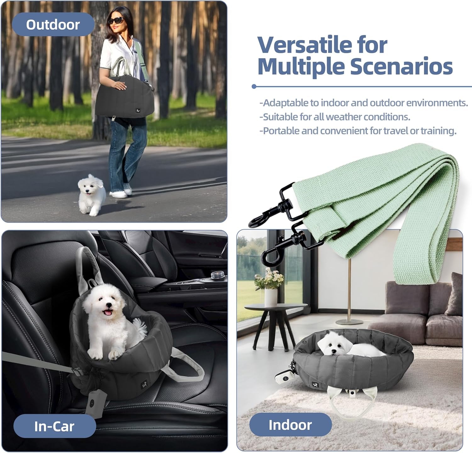 Dog Bag Carrier for Small and Medium Dogs, Waterproof and Washable, Travel Pets Purse up to 15 Lbs, Car Seat & Bed, Adjustable Leashes, Monet Grey