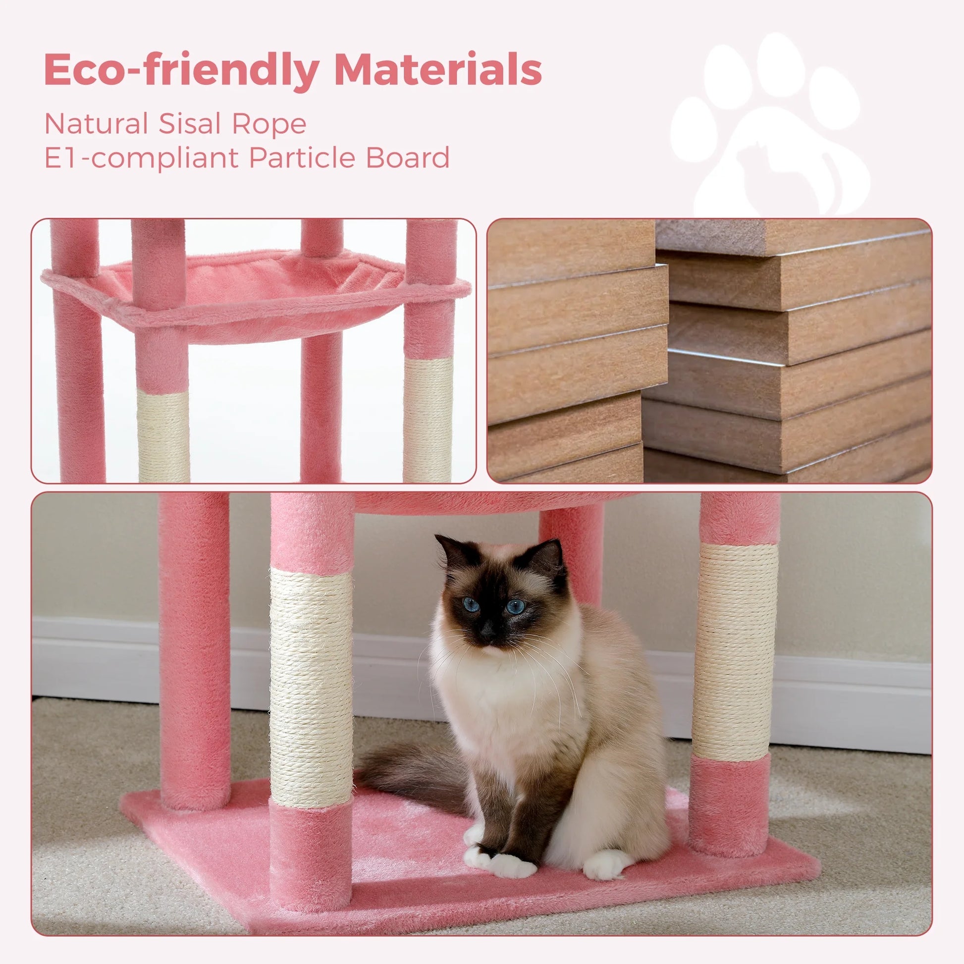 Cat Tree 56" Sisal Scratching Posts Tower with Large Perch Hammock for All Indoor Cats,Pink