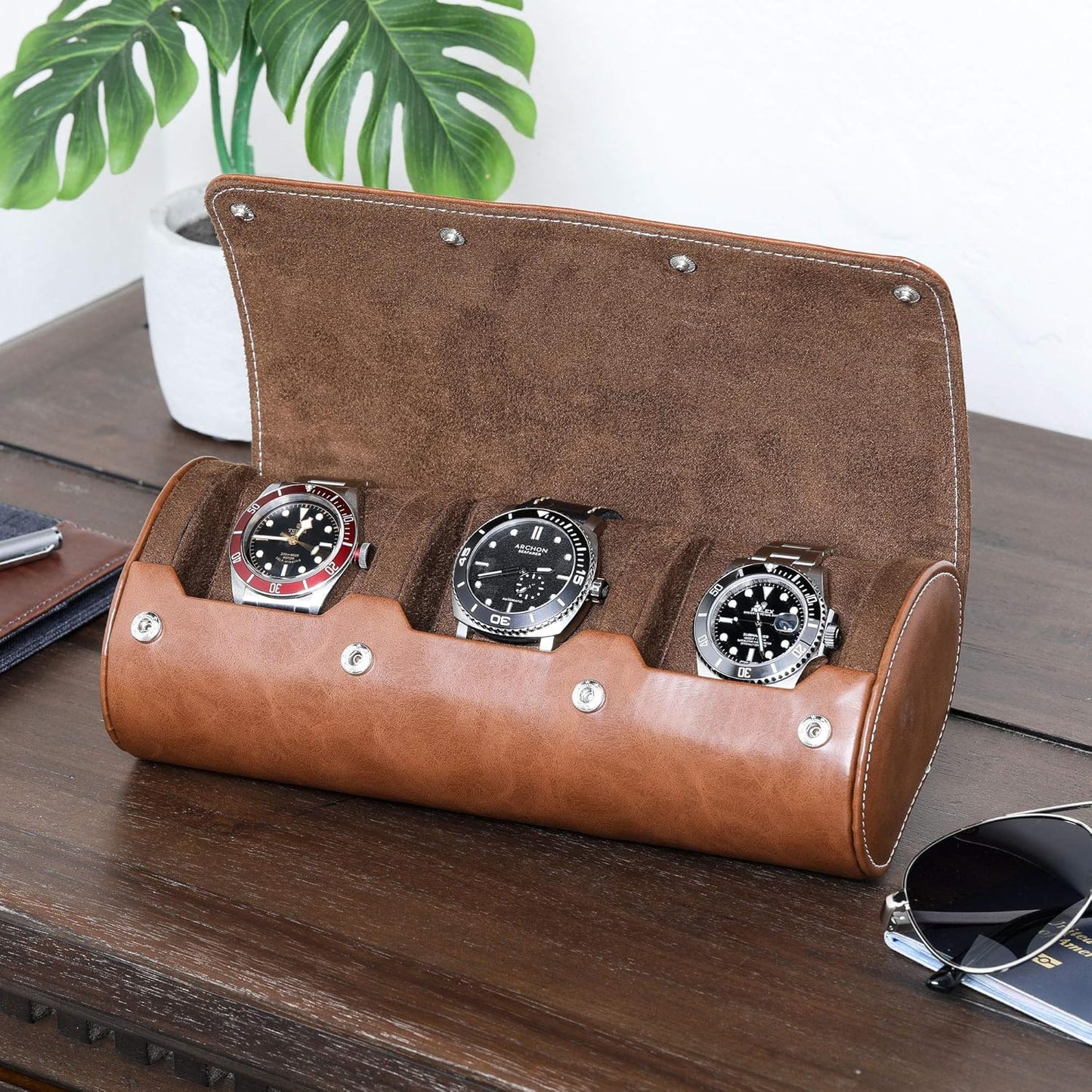 Watch Roll Travel Case for 3 Watches | Tough Portable Protection, Fits All Wrist Watch & Smart Watches up to 50Mm (Tan/Brown)