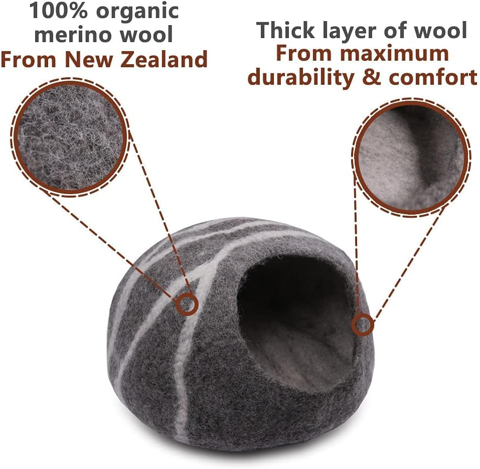 Wool Cat Cave Bed，Premium Felt Cat Covered Cave，Large Cat Nest Bed for Indoor Cats and Kittens,Cat House with Wool Ball,Handmade 100% Natural Eco-Friendly Merino Wool Cat Sleep Bed