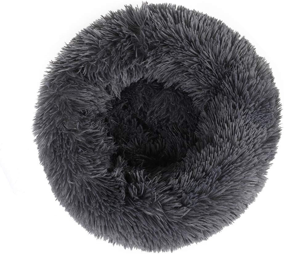 round Donut Dog Bed for Small Dogs, Washable Cat Calming Bed Cuddler anti Anxiety Fluffy Plush Dog Cat Bed with Non-Slip Waterproof Bottom (23.6", Dark Grey)