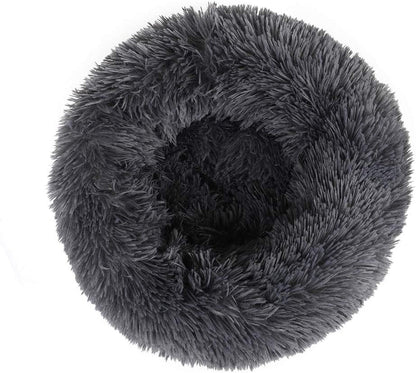 round Donut Dog Bed for Small Dogs, Washable Cat Calming Bed Cuddler anti Anxiety Fluffy Plush Dog Cat Bed with Non-Slip Waterproof Bottom (23.6", Dark Grey)