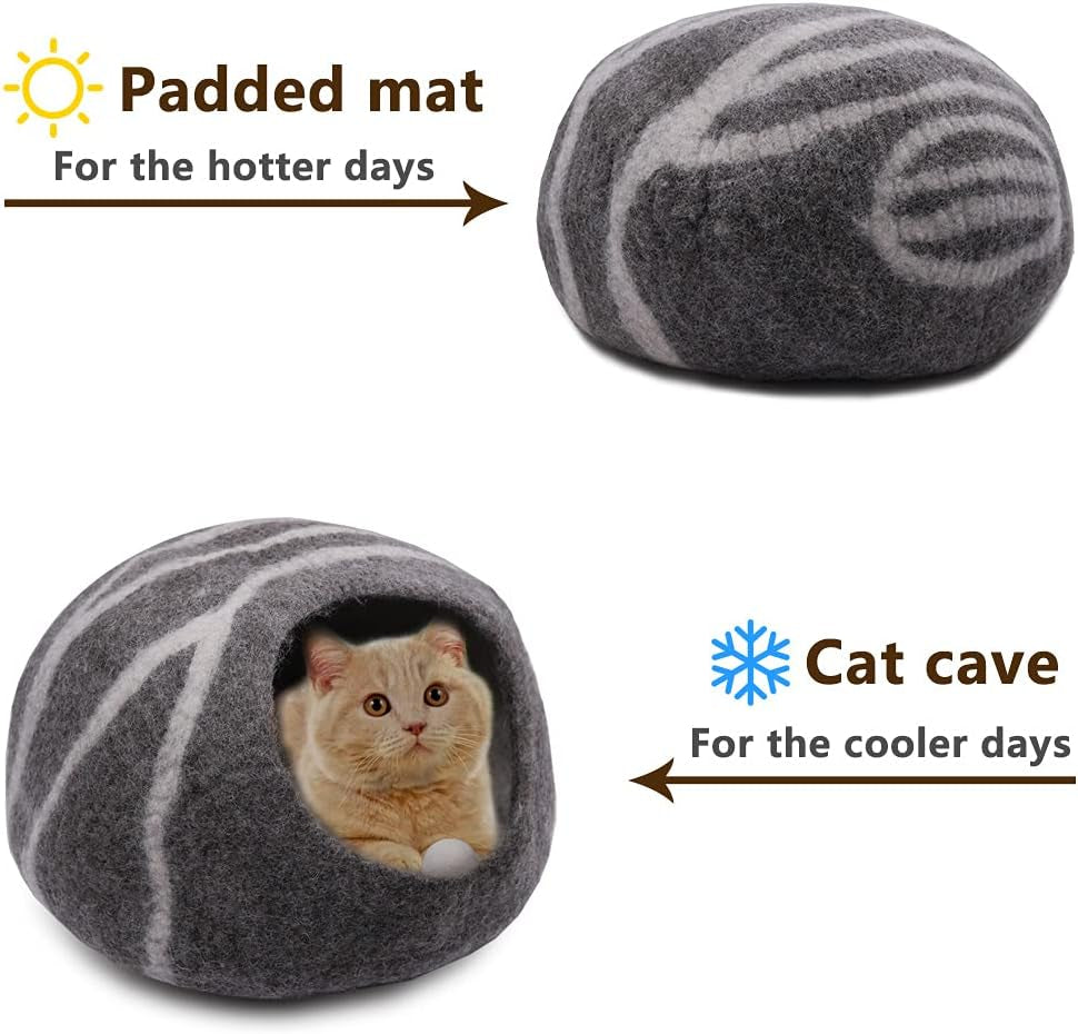 Wool Cat Cave Bed，Premium Felt Cat Covered Cave，Large Cat Nest Bed for Indoor Cats and Kittens,Cat House with Wool Ball,Handmade 100% Natural Eco-Friendly Merino Wool Cat Sleep Bed