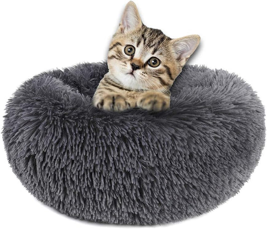 round Donut Dog Bed for Small Dogs, Washable Cat Calming Bed Cuddler anti Anxiety Fluffy Plush Dog Cat Bed with Non-Slip Waterproof Bottom (23.6", Dark Grey)
